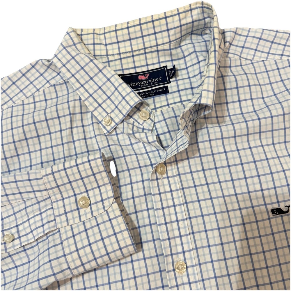 Vineyard Vines Classic Fit Whale Shirt Mens XL White Blue Plaid Cotton Button Up